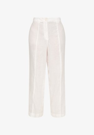 Valged linased püksid sirge lõikega, millel on ees nööbiga sulgmiseks ja kaks vertikaalset õmblust lisadetailiks. Sile tekstuur.