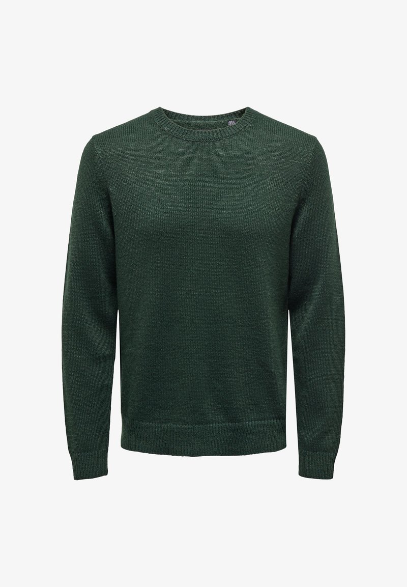 Grüner Strickpullover mit einem strukturierten Muster, Rundhalsausschnitt und langen Ärmeln. Der Stoff erscheint weich und leicht dick.