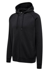 Svart zip-up hoodie i slät tyg, med dragsko i huvan, ribbade muddar och fåll, samt raglanärmar för en avslappnad passform.