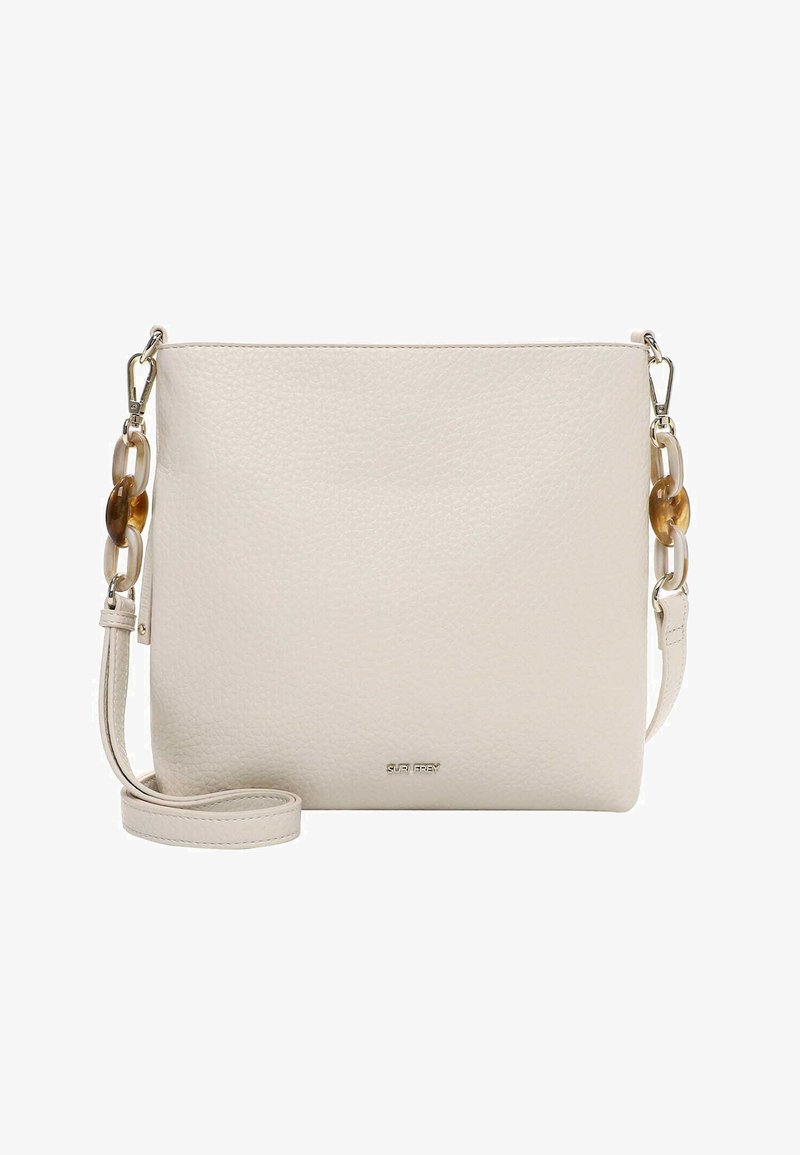 Teksturowana, jasnobeżowa skórzana torebka na ramię z odpinanym paskiem i akrylowymi ozdobami łańcuszkowymi. Na dole znajduje się subtelne logo.