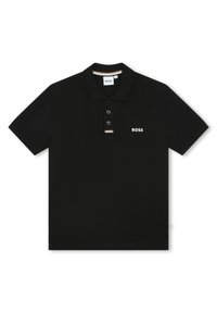 Polo shirt noir en coton avec une patte de boutonnage à trois boutons, présentant un logo "BOSS" blanc et un détail strié subtil sur le col.