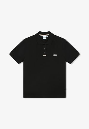 Polo shirt noir en coton avec une patte de boutonnage à trois boutons, présentant un logo "BOSS" blanc et un détail strié subtil sur le col.