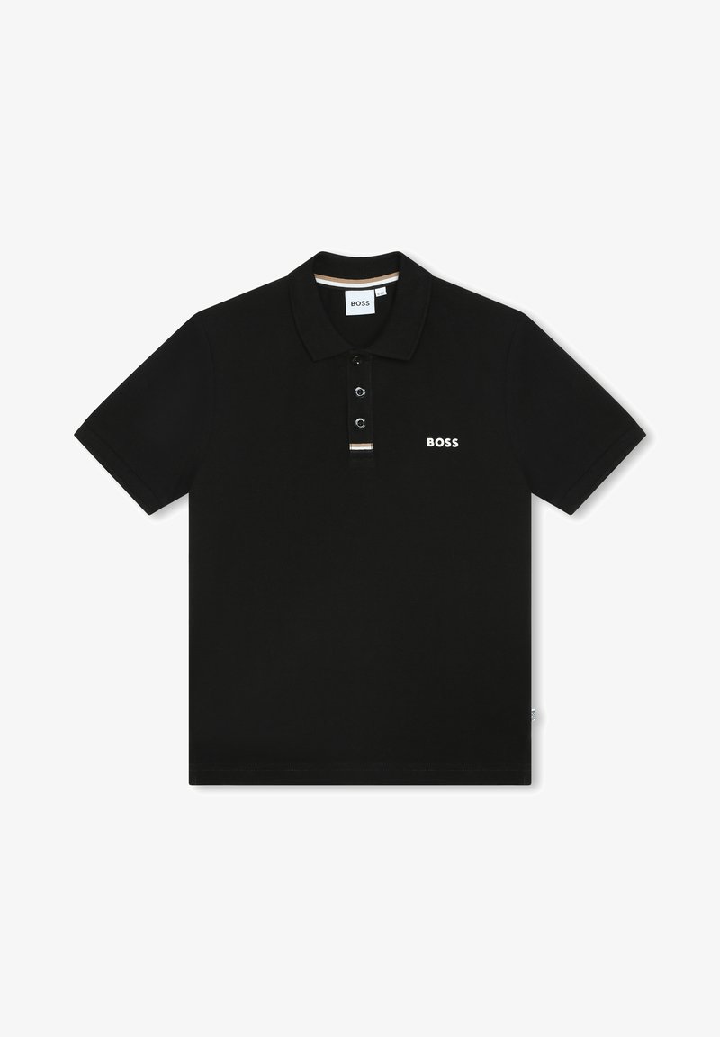 Polo shirt noir en coton avec une patte de boutonnage à trois boutons, présentant un logo "BOSS" blanc et un détail strié subtil sur le col.