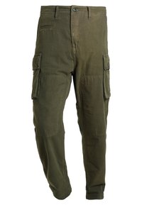 Olivegröna cargobyxor i lättviktig tyg, utrustade med flera fickor, knappstängning och en avslappnad passform med raka ben.