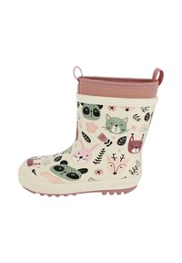 Bottes en caoutchouc imperméables pour enfants avec un fond crème clair, ornées de visages d'animaux et de motifs floraux dans des couleurs pastel. Bord et semelle roses.