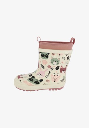 Kinder wasserdichte Gummistiefel mit einem hellen Creme-Hintergrund, der Tiergesichter und Blumenmuster in Pastellfarben zeigt. Pinker Bund und Sohle.
