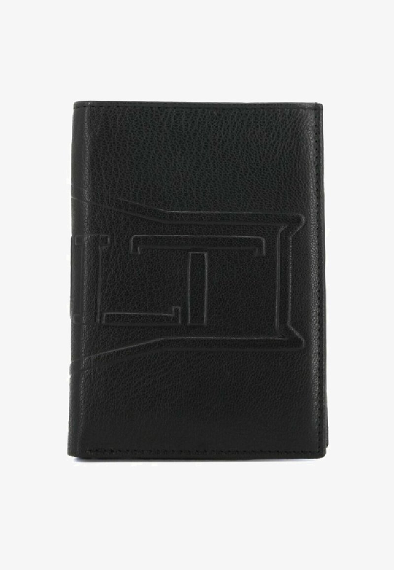 Portafoglio in pelle nera con finitura testurizzata e design impresso. Presenta un'orientazione orizzontale e cuciture pulite lungo i bordi.