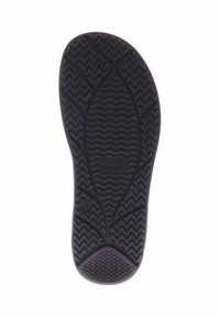 Zwarte rubberen schoenzool met een zigzag profiel en afgeronde randen. Bevat merknaam in het midden en gevormde details voor grip.