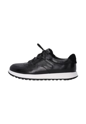Sorte lædersneakers med en glat finish, hvid mellemsål, rund tå, teksturerede detaljer og snøredesign. Har en trækstrop på hælen.