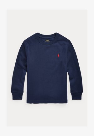 Marineblå langærmet T-shirt i blød bomuld, med rund halsudskæring og et lille rødt logo på venstre bryst. Enkel og klassisk design.