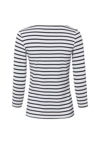 Long-sleeve top featuring horizontal black and white stripes, round neckline, and a fitted design. Smooth fabric with a soft texture.