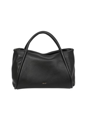 Black leather handbag with a smooth texture, soft curves, two handles, and a metal logo on the front. Zippered closure at the top.
