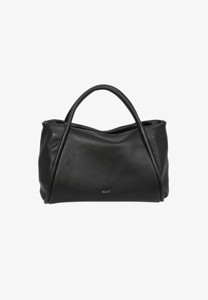 Black leather handbag with a smooth texture, soft curves, two handles, and a metal logo on the front. Zippered closure at the top.