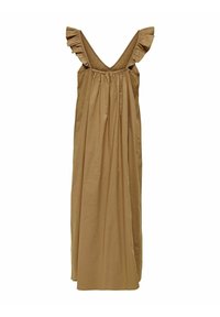 Robe longue marron avec un col en V, des bretelles à volants et un corsage froncé. Confectionnée en tissu léger à texture lisse, elle présente une silhouette fluide.