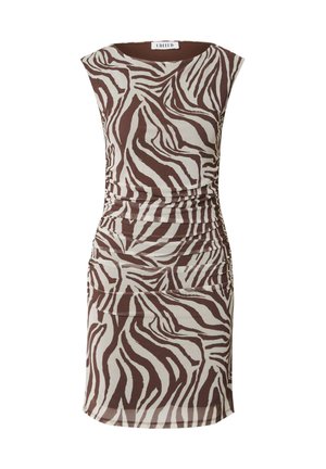 Braunes und cremefarbenes Zebra-Musterkleid mit einer figurbetonten Silhouette, gerafften Seiten und rundem Ausschnitt. Hergestellt aus einem dehnbaren, leichten Stoff.