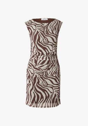 Braunes und cremefarbenes Zebra-Musterkleid mit einer figurbetonten Silhouette, gerafften Seiten und rundem Ausschnitt. Hergestellt aus einem dehnbaren, leichten Stoff.