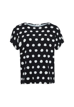 Zwarte korte mouwen T-shirt met een ronde halslijn, voorzien van een witte stippenprint in verschillende maten over de stof.