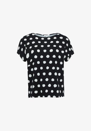 Zwarte korte mouwen T-shirt met een ronde halslijn, voorzien van een witte stippenprint in verschillende maten over de stof.