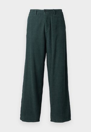 Green corduroy wide-leg trousers with a straight cut; features a button closure and two side pockets. Textured, ribbed fabric.