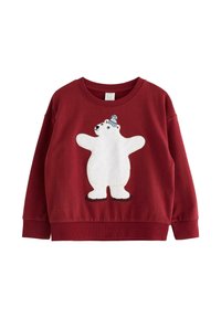 Rotes Baumwoll-Sweatshirt mit einem weißen Eisbären-Design mit blauer Mütze, Rundhalsausschnitt sowie gerippten Bündchen und Saum.