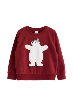 Rotes Baumwoll-Sweatshirt mit einem weißen Eisbären-Design mit blauer Mütze, Rundhalsausschnitt sowie gerippten Bündchen und Saum.