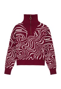 Burgundowy sweter z wysokim kołnierzem i zamkiem błyskawicznym do połowy, z białym, abstrakcyjnym falistym wzorem na korpusie i rękawach. Pleciona tekstura.