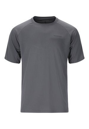Donkergrijs sportshirt voor mannen met korte mouwen, ronde hals en het "ENDURANCE"-logo op de linkerborst.