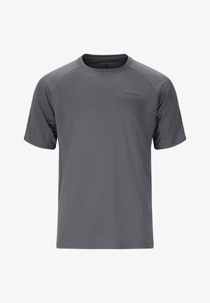 Donkergrijs sportshirt voor mannen met korte mouwen, ronde hals en het "ENDURANCE"-logo op de linkerborst.