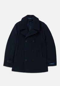 Mornarsko plavi vuneni kaput s dvostrukim prednjim dijelom, velikim reversima, dva bočna džepa i dugmadi na manžetama s oznakom branda.