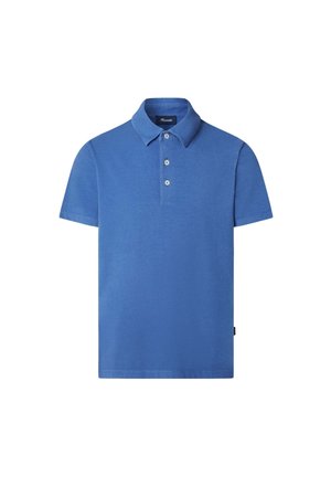 Polo a maniche corte in cotone blu uniforme, con colletto classico e patta con tre bottoni. Design semplice e pulito senza motivi.