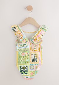 Bunter Badeanzug mit Patchwork-Muster und gerafften Trägern. Hergestellt aus weichem Stoff, mit Blumenmustern in Gelb-, Grün- und Pinktönen.