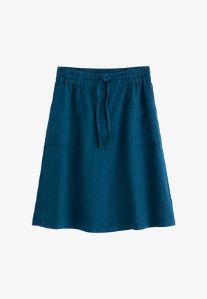 Sinine põlveni ulatuv A-lõikeline seelik elastse vöökohaga, ees paelaga ja kahe taskuga, valgel taustal.