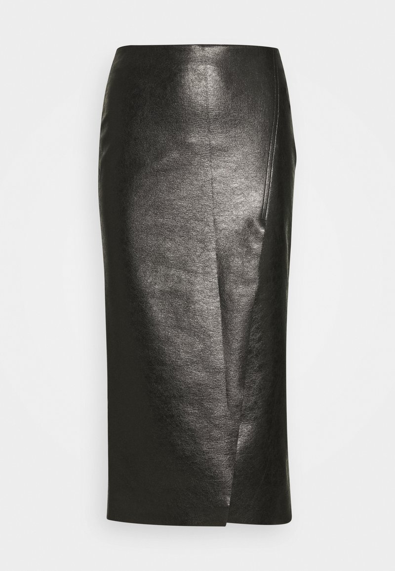 Jupe crayon en similicuir noir taille haute avec fente avant, texture lisse, longueur genou.