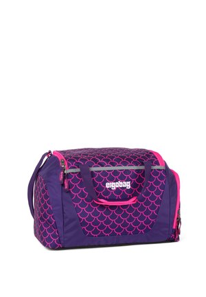 Purple and pink duffel bag with scallop pattern, multiple handles, side zipper pocket, and "ergobag" logo on front.
