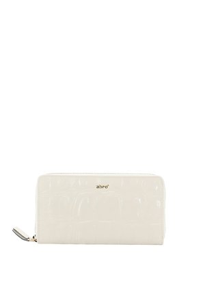 Cream faux crocodile leather wallet with a zip closure and silver-tone hardware. Features a subtle brand logo on the front.