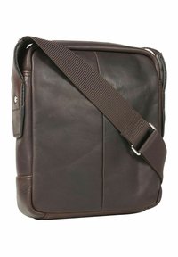 Braune Leder-Umhängetasche mit einem Quertragriemen, rechteckiger Form, glatter Textur und einer Vordertasche für zusätzliche Funktionalität.