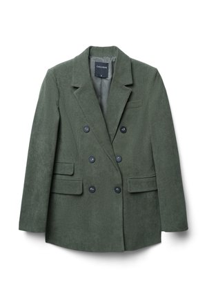 Dunkelgrüne, doppelt geknöpfte Cordjacke mit Reverskragen, zwei Fronttaschen und marineblauen Knöpfen zum Verschließen.
