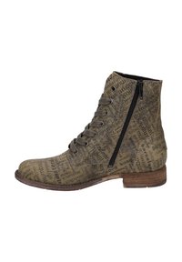 Buty z brązowym i oliwkowym zielonym wzorzystym wykończeniem z nazwami miast, zamkiem błyskawicznym po boku i sznurowadłami. Płaska pięta i teksturowana powierzchnia.