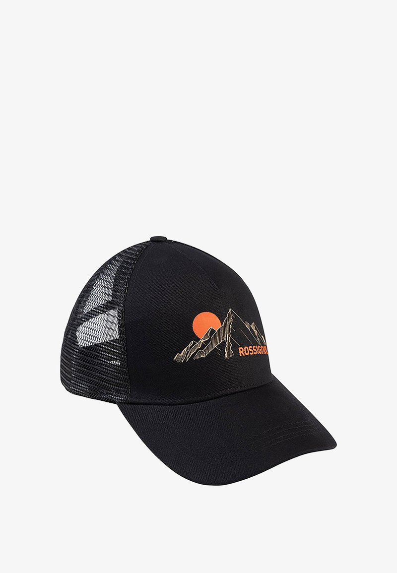 Svart keps med nät-sidor, böjd skärm och broderad design av berg och sol i orange och beige. Innehåller varumärket "ROSSIGNOL."