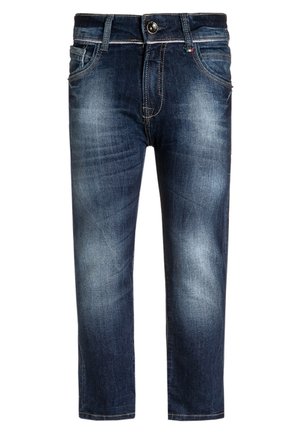 Dunkelblaue Jeans aus Denim mit ausgewaschenen Bereichen an Oberschenkeln und Knien, vorne mit Knopf- und Reißverschluss sowie einem Fünf-Taschen-Design.