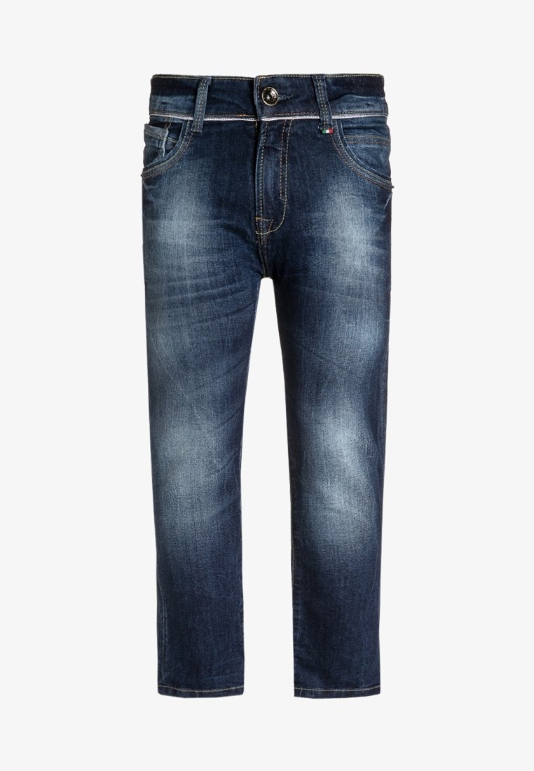 Jean en denim bleu foncé avec des zones décolorées sur les cuisses et les genoux, fermeture avant par bouton et fermeture éclair, et design à cinq poches.