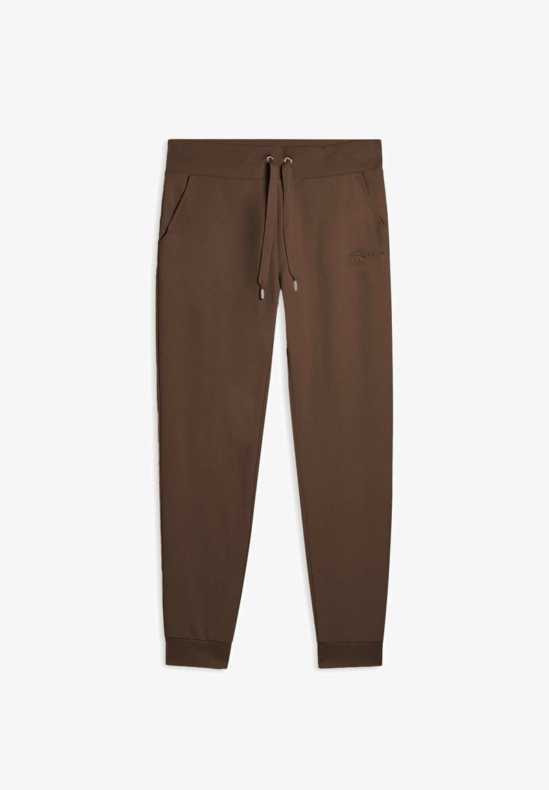 Pantalones de chándal marrones hechos de una tela suave con cintura ajustable, dos bolsillos laterales y puños acanalados. Presenta un logotipo sutil en el muslo izquierdo.