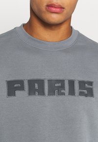 Gros plan d'une personne portant une chemise grise avec des lettres cousues en gras formant le mot « PARIS » sur la poitrine.