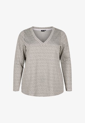 Bluza z dolgimi rokavi v teksturiranem sivo-belem vzorcu s kremnimi odtenki. Narejena iz mehke tkanine, ima sproščen kroj in preprost dizajn.
