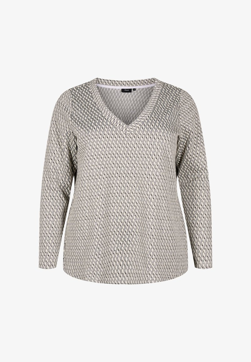 Maglietta a maniche lunghe con scollo a V in un motivo grigio testurizzato con accenti crema. Realizzata in stoffa morbida, presenta una vestibilità rilassata e un design semplice.