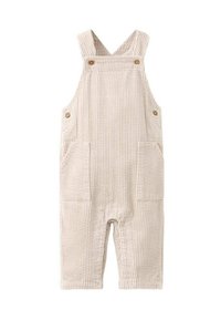 Beige ribbed corduroy baby overalls with buttoned straps and front patch pockets.