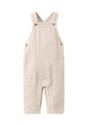 Salopette pour bébé en velours côtelé beige à côtes, avec des bretelles boutonnées et des poches avant.