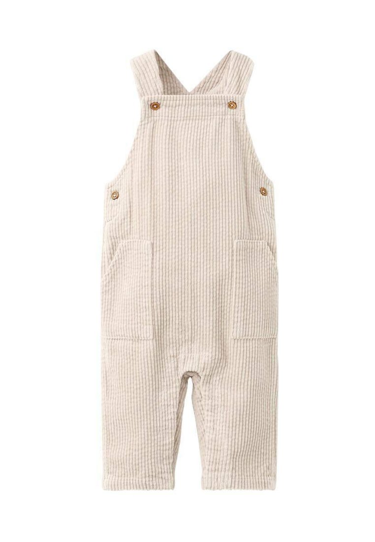 Beige ribbed corduroy baby overalls with buttoned straps and front patch pockets.