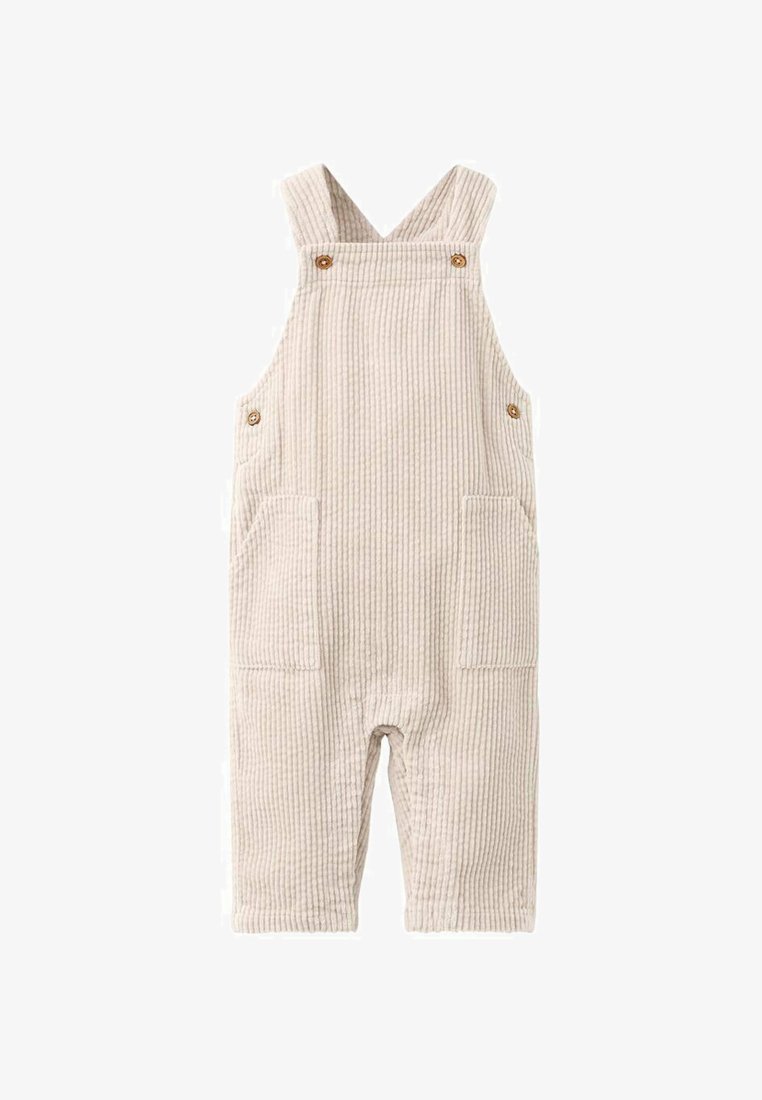 Beige ribbed corduroy baby overalls with buttoned straps and front patch pockets.
