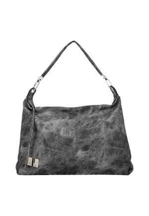 Borsa a tracolla in pelle grigia dalla texture morbida, con una singola tracolla e chiusura con cerniera in alto.